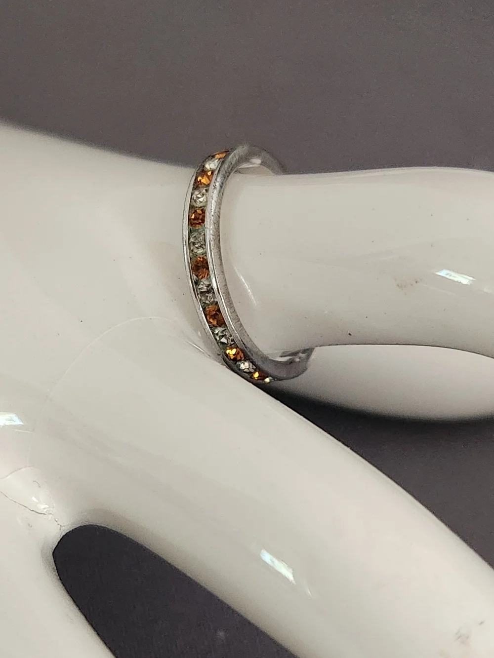 Silver Band Ring with Amber And Clear Channel-Set Stones